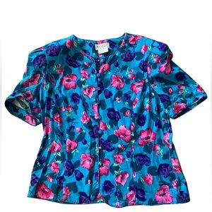 Vintage Short-Sleeve Floral Blouse by Papell Boutique -Beautiful Print! Size 16
